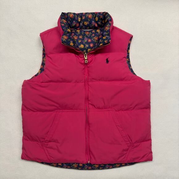 Ralph Lauren Girls‎ Large 12-14 Reversible Down Filled Puffer Vest Pink/Floral - Picture 1 of 9